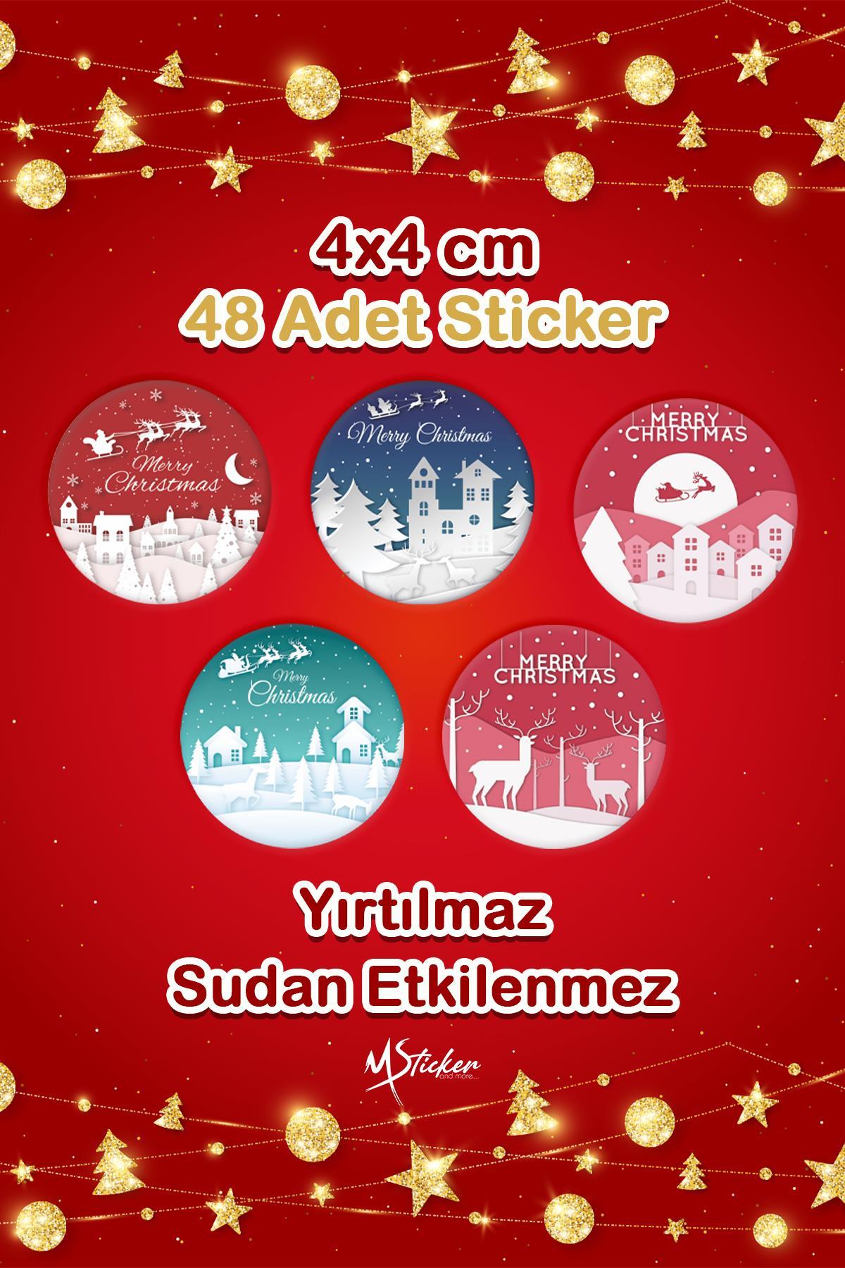 Yılbaşı Paket Sticker 4x4 - 48 Adet - Suya Dayanıklı Yeni Yıl Yılbaşı Sticker, Hediye Paketi Süsü