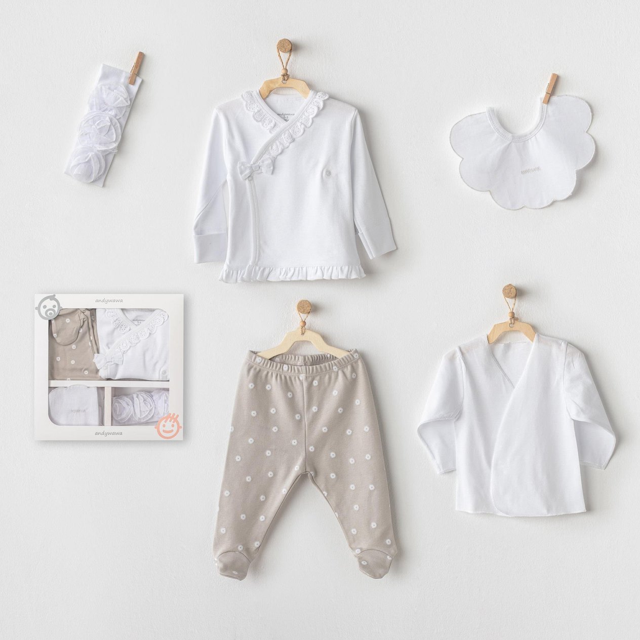 Andywawa Kız Bebek Hastane Çıkışı 5 Pcs Newborn Set Beıge&Whıte Beyaz