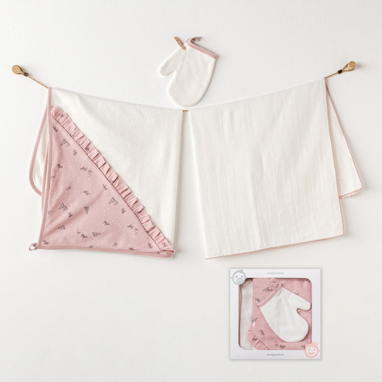 Andywawa Kız Bebek Havlu Takım 3 Pcs Towel Muslın Set Puppy Gazelle Pembe