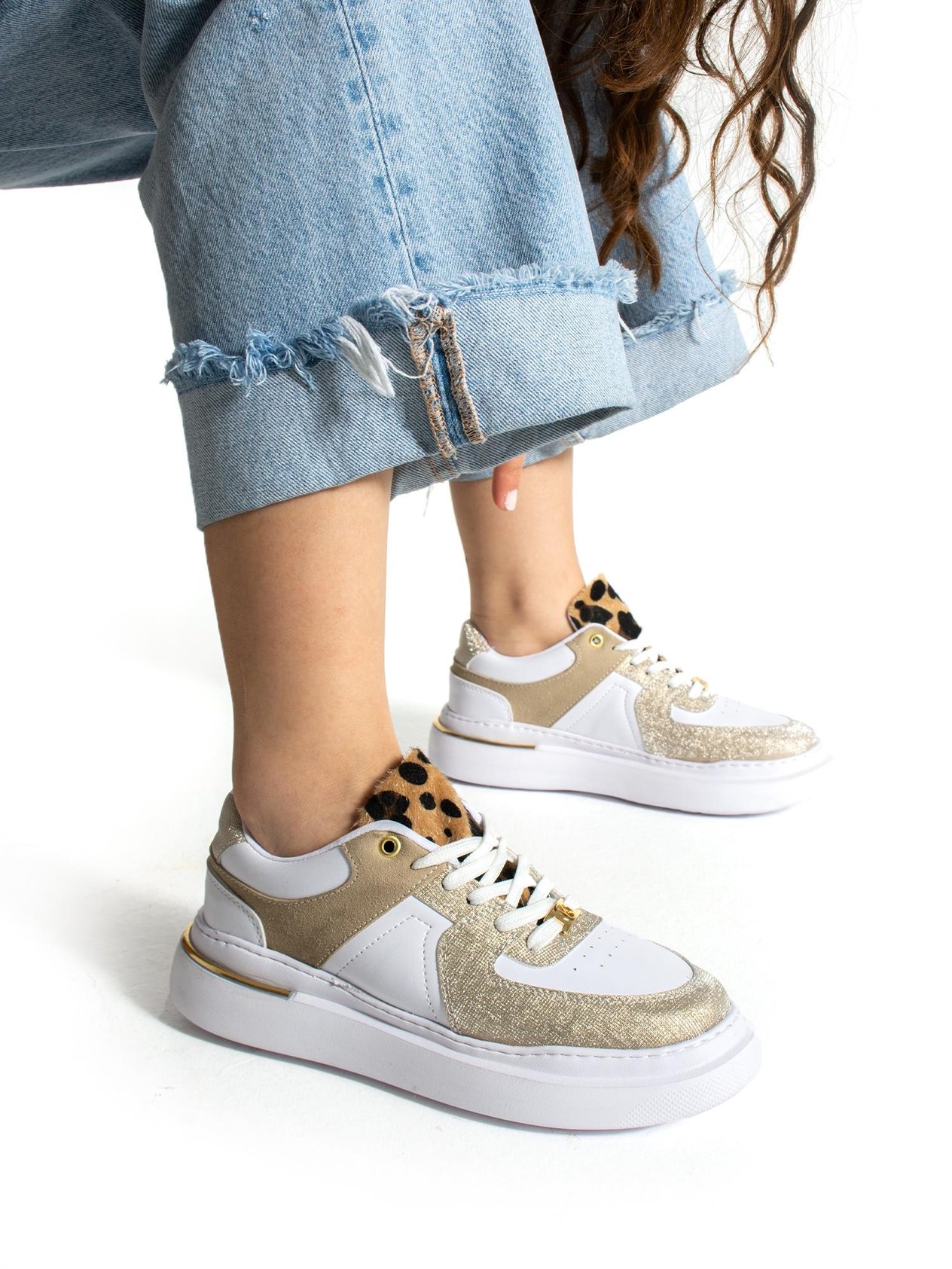 GLİNT Beyaz Gold Simli Kadın Sneakers