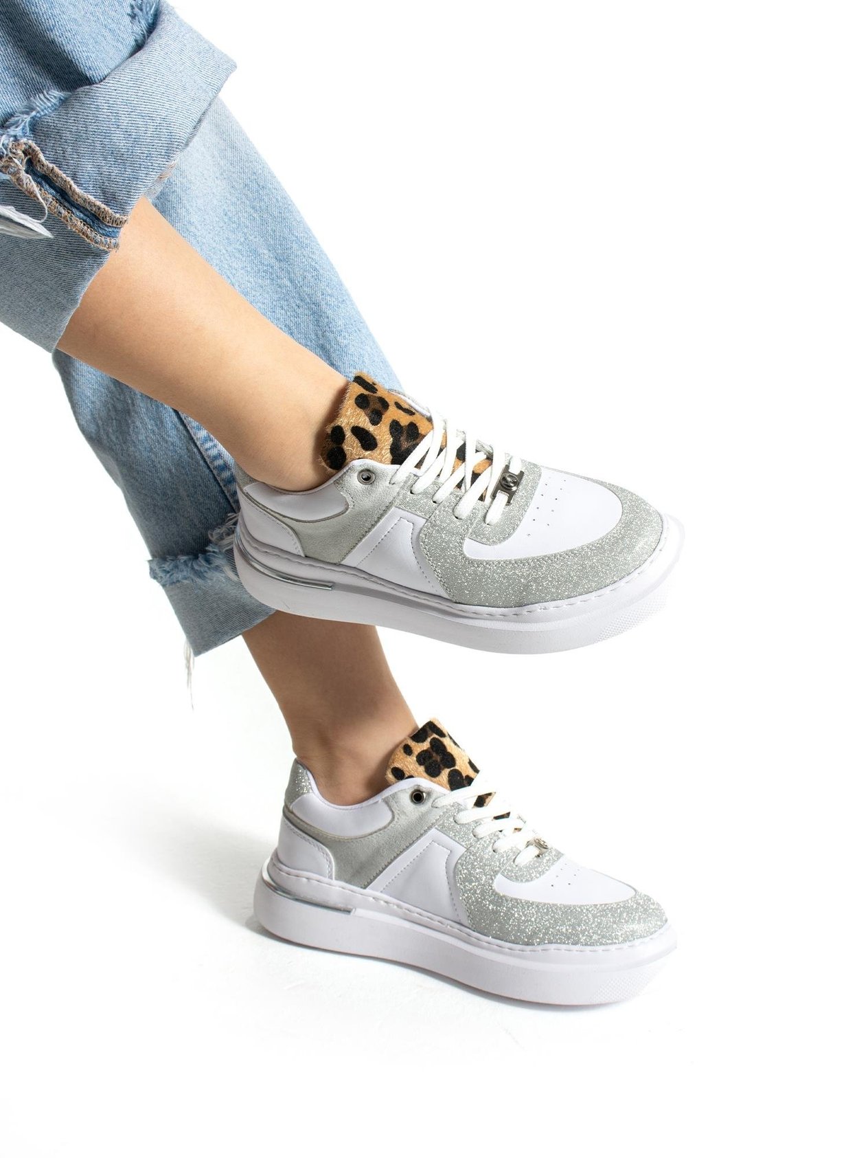 GLİNT Beyaz Gümüş Simli Kadın Sneakers