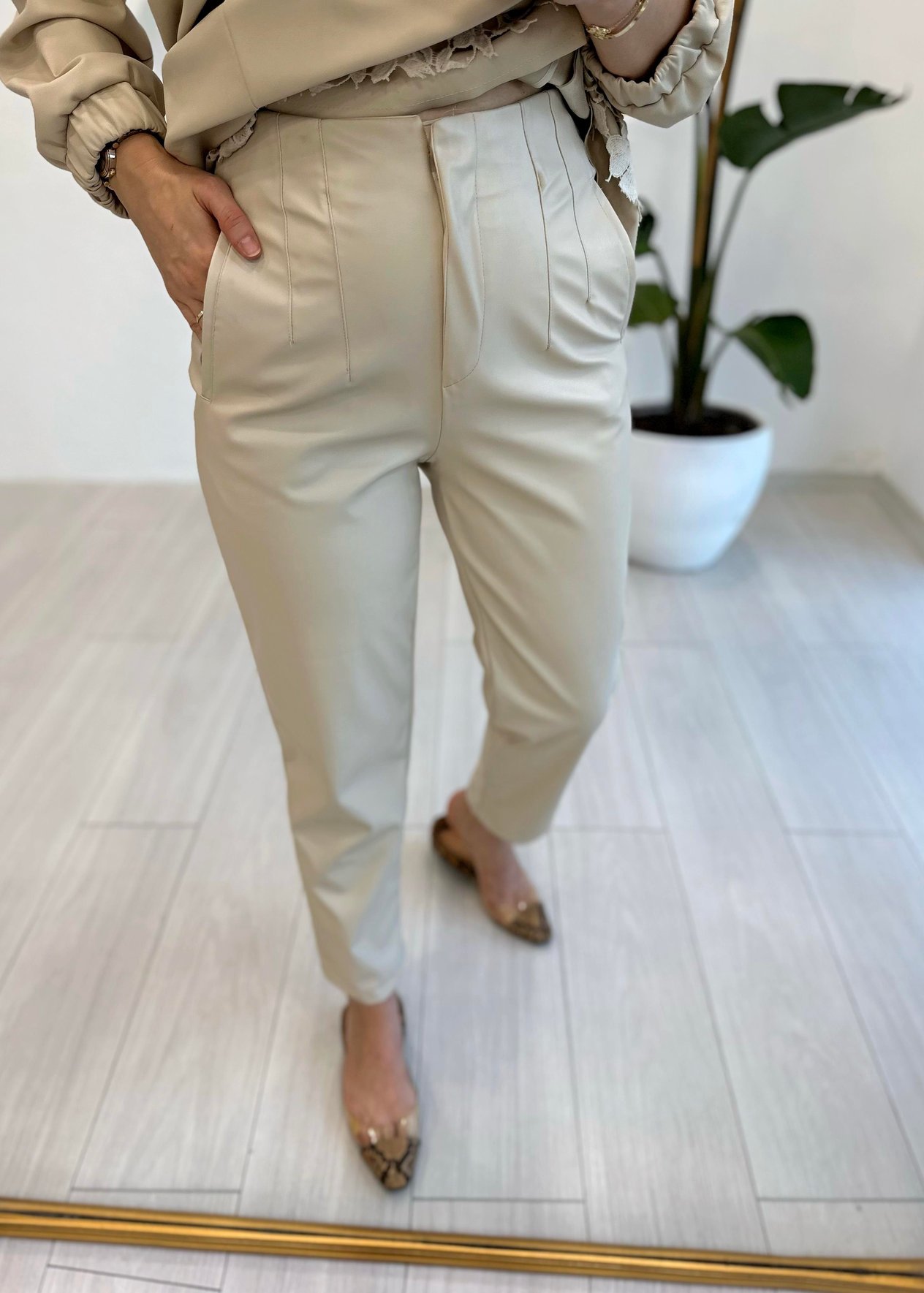 EKRU 2460 ZARA MODEL DERİ PANTOLON