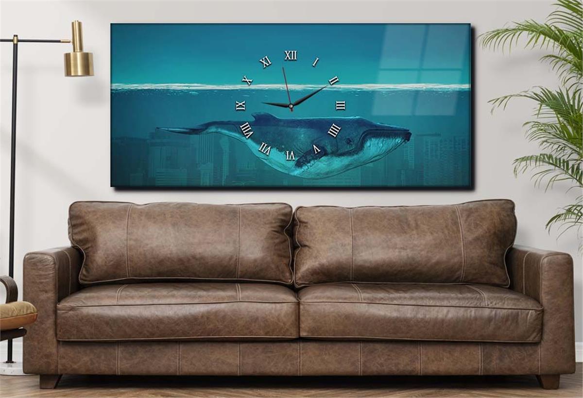 Horizontal bedrucktes Glas mit Kunst- und Naturthema und einer Uhr in der Mitte 018