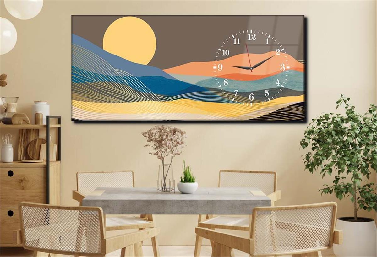Yatay Saatli Yandan Sanat ve Doğa Temalı Cam Tablo 081
