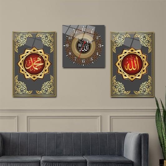 ALLAH C.C PEYGAMBER EFENDİMİZİN İSMİ VE ESMAÜL HÜSNA YAZILI CAM TABLO SAAT SETİ 