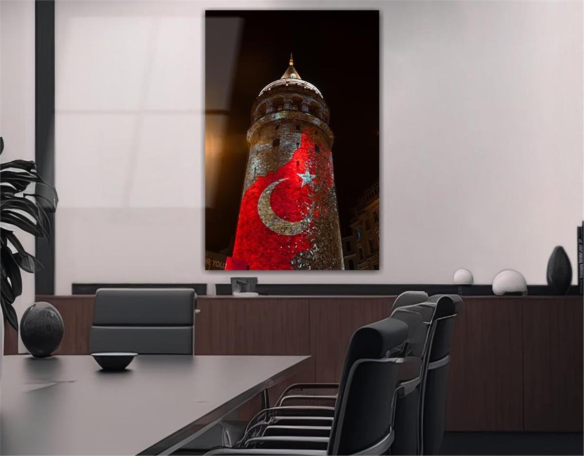 GALATA KULESİ VE TÜRK BAYRAĞI GÖRSELLİ CAM TABLO