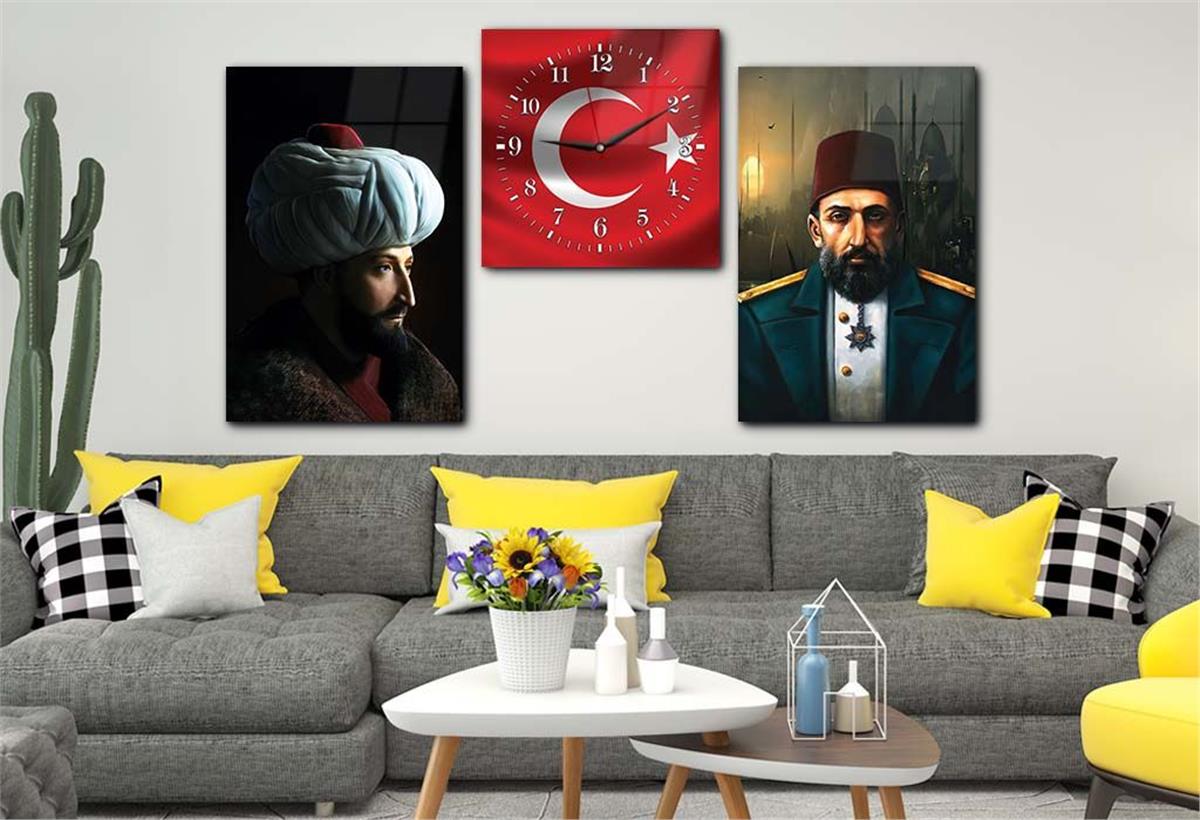 FATİH SULTAN MEHMET HAN ABDULHAMİD HAN VE TÜRK BAYRAĞI GÖRSELLİ CAM TABLO CAM SAAT SETİ 