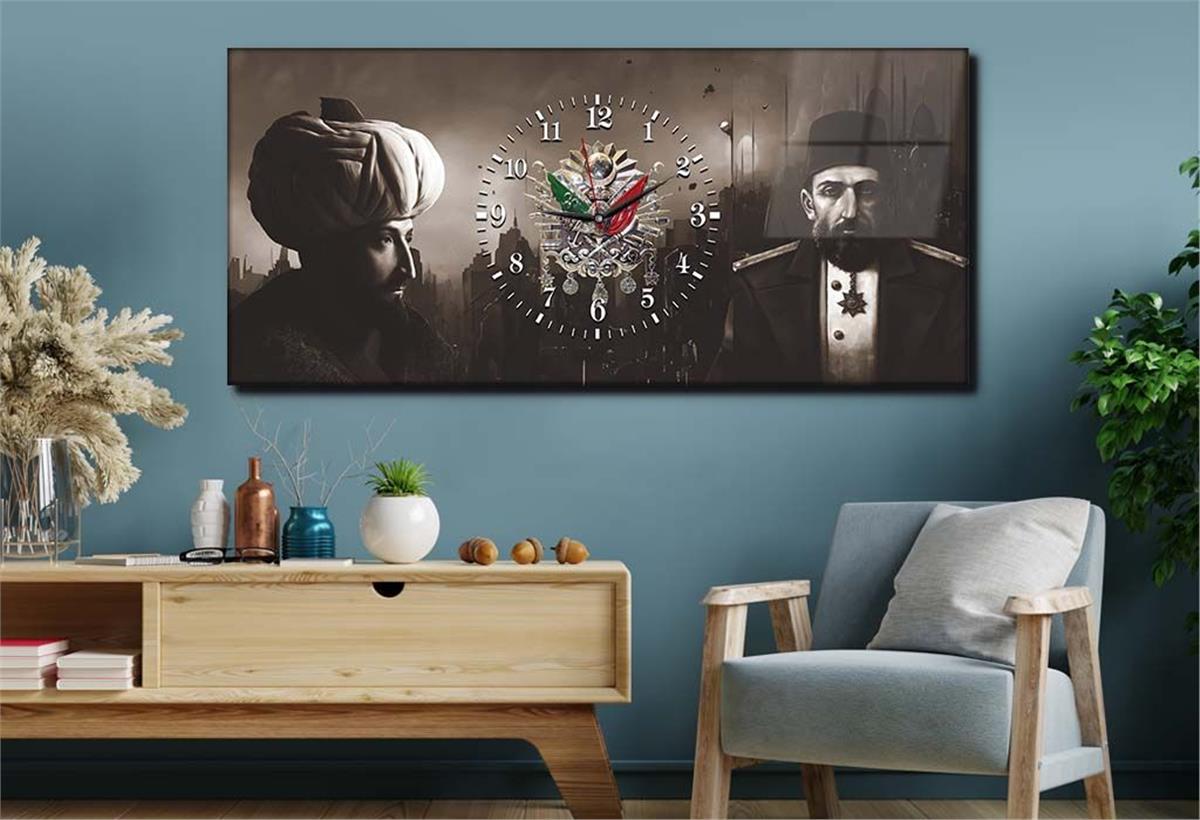 Horizontal bedrucktes Glas mit Nationenthema und einer Uhr in der Mitte 075
