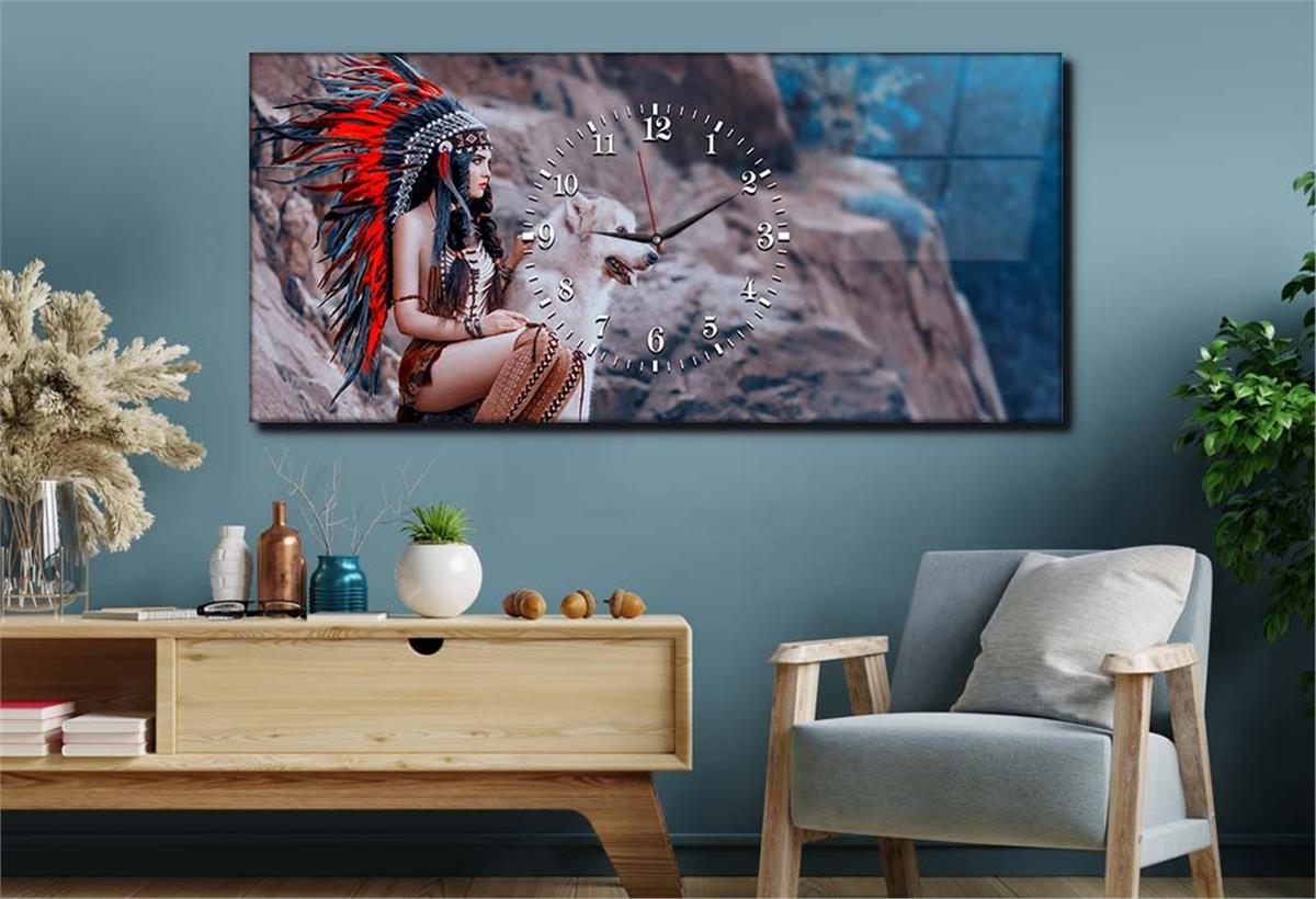 Horizontal bedrucktes Glas mit Kunst- und Naturthema und einer Uhr in der Mitte 040
