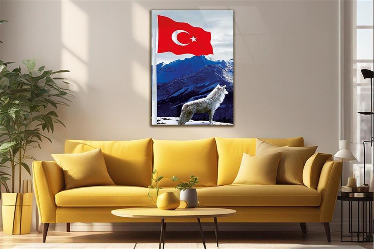 TÜRK BAYRAĞI VE KURT GÖRSELLİ CAM TABLO 