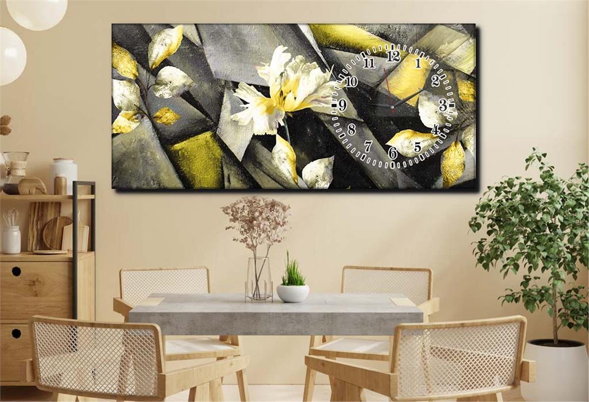 Horizontal bedrucktes Glas mit Kunst und Naturthema und einer Uhr an der Seite 100