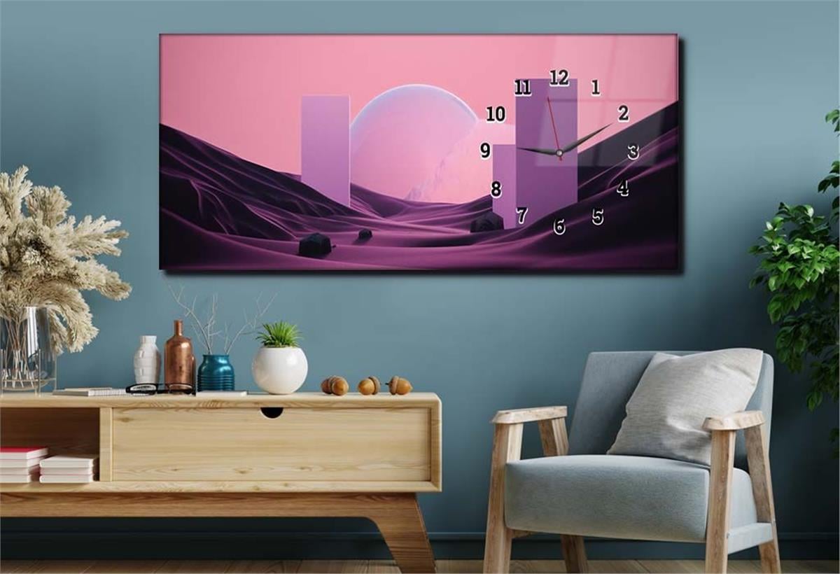 Horizontal bedrucktes Glas mit Kunst und Naturthema und einer Uhr an der Seite 229