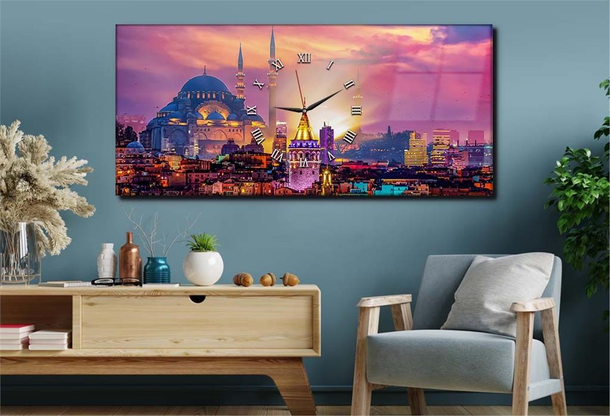 Yatay Ortadan Saatli  Sanat ve Doğa Temalı Cam Tablo 021