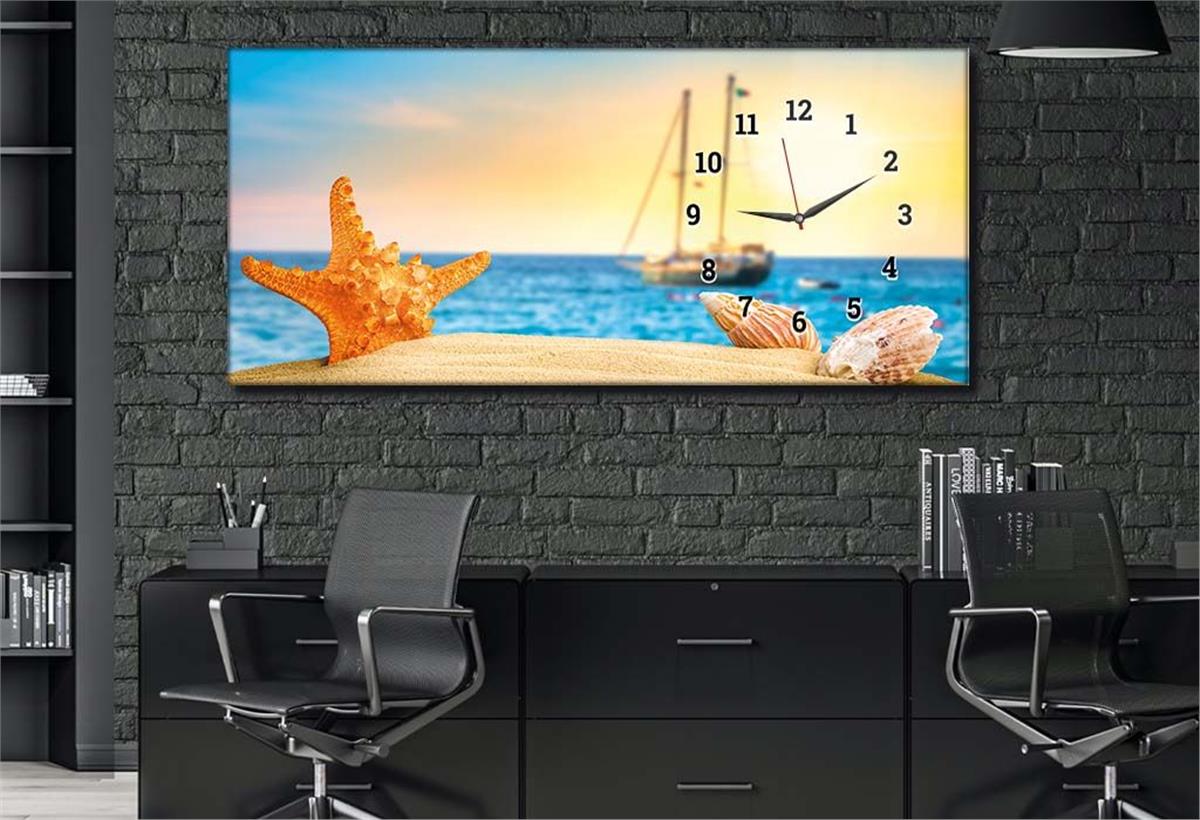 Beach Starfish, Seashell and Sailboat Side-Clock, Art And Nature-Themed Horizontal Glass Wall Painting 235