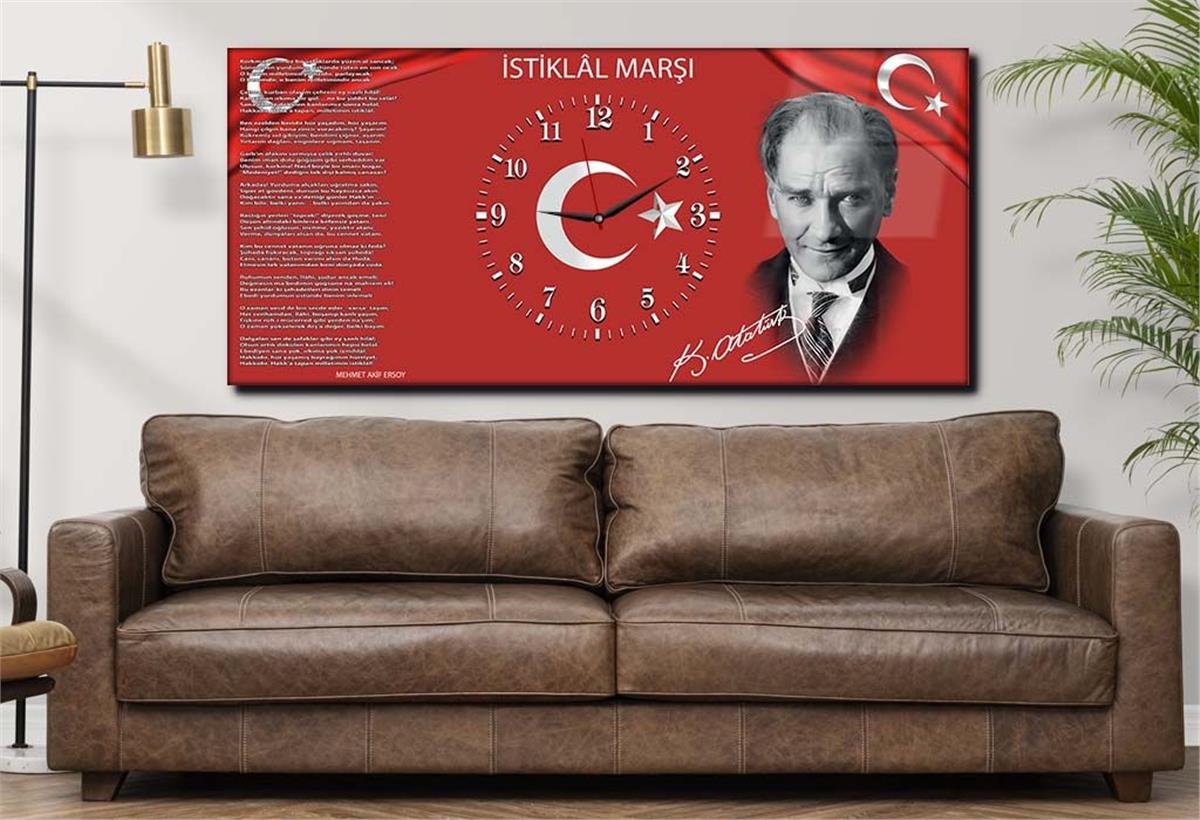 Yatay Ortadan Saatli  Vatan Temalı Cam Tablo 012