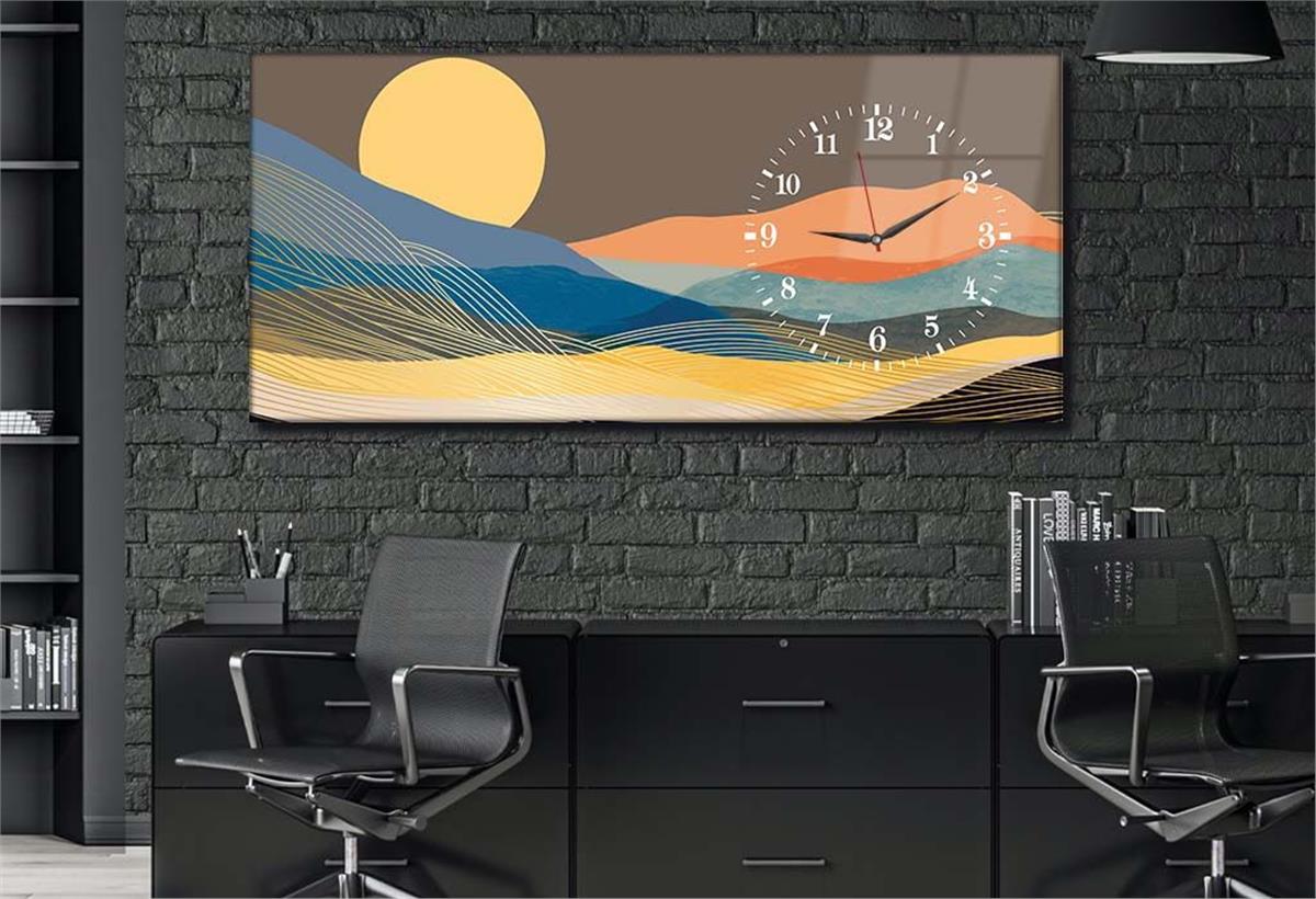 Yatay Saatli Yandan Sanat ve Doğa Temalı Cam Tablo 081
