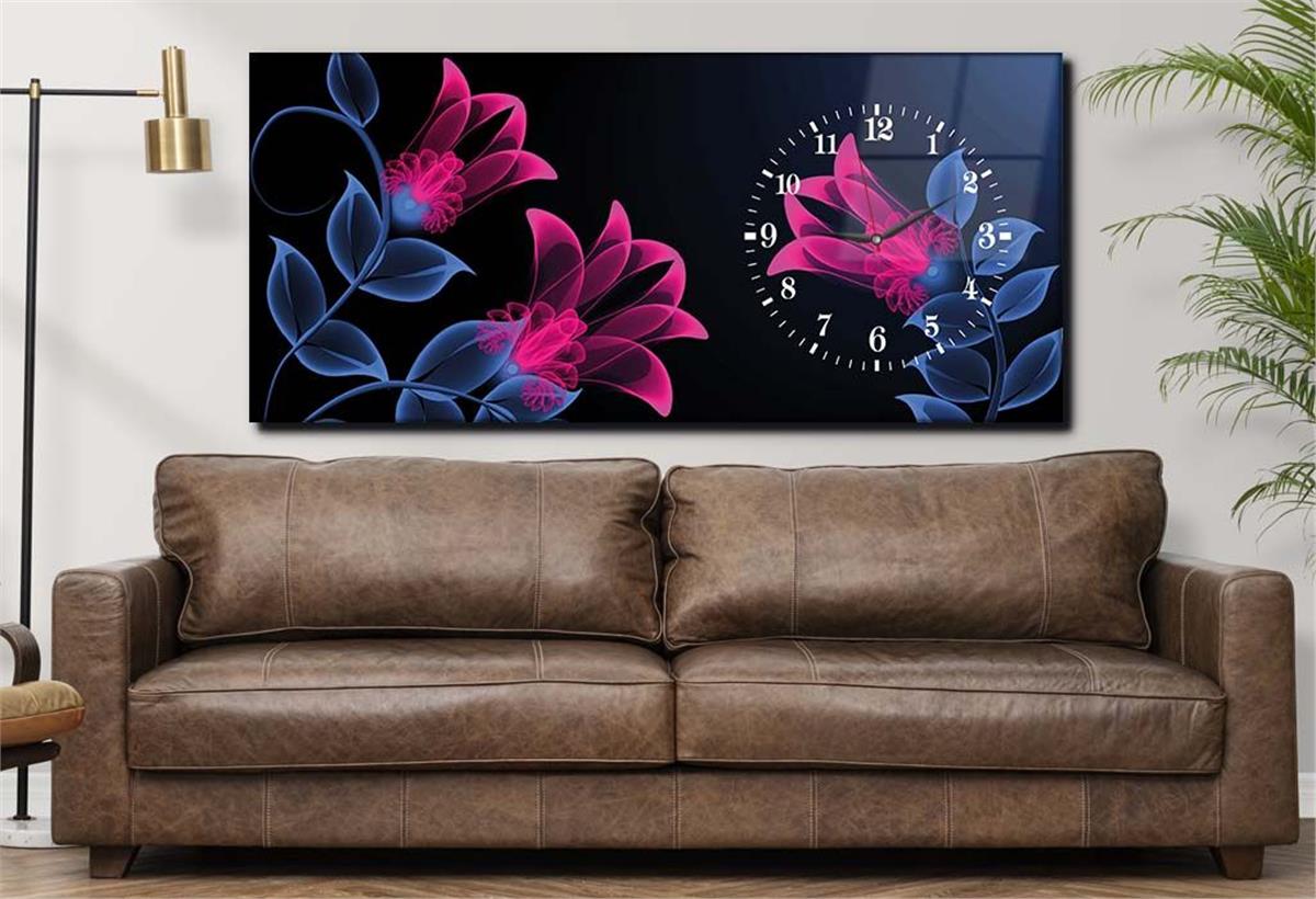 Horizontal bedrucktes Glas mit Kunst und Naturthema und einer Uhr an der Seite 082
