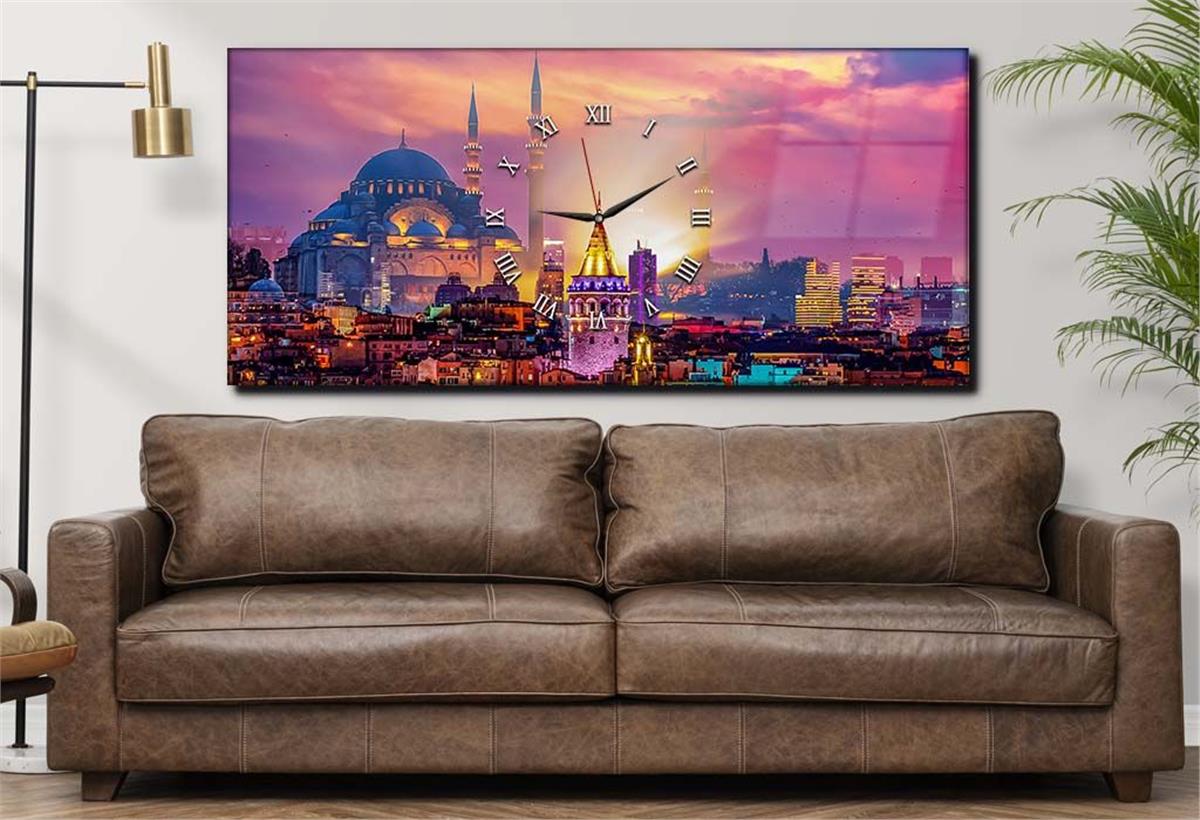 Yatay Ortadan Saatli  Sanat ve Doğa Temalı Cam Tablo 021