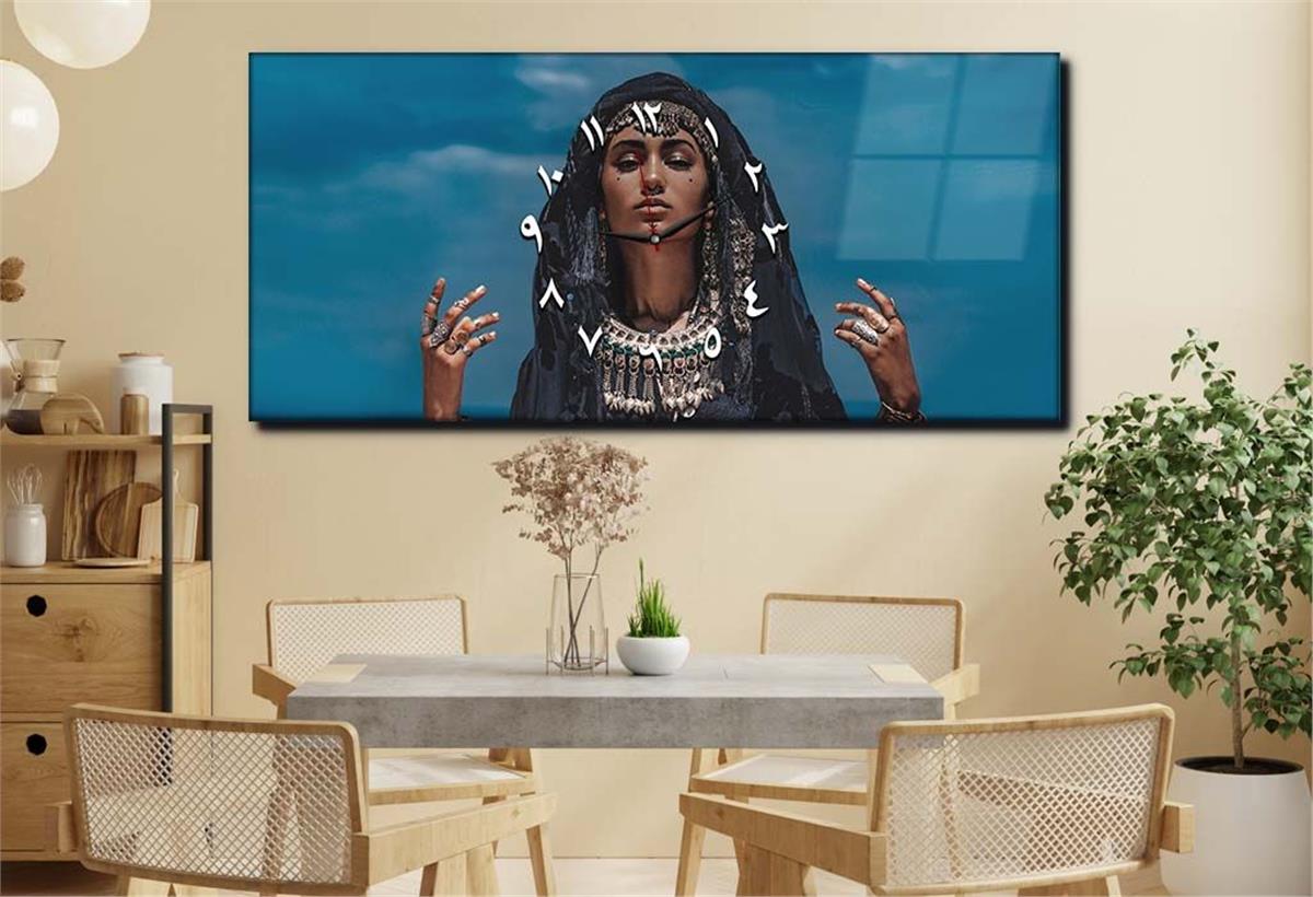 Yatay Ortadan Saatli  Sanat ve Doğa Temalı Cam Tablo 042