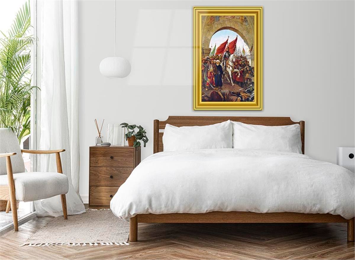 Glass Wall Art Depicting the Entry of Fatih Sultan Mehmet Han into Istanbul with Frame Visual