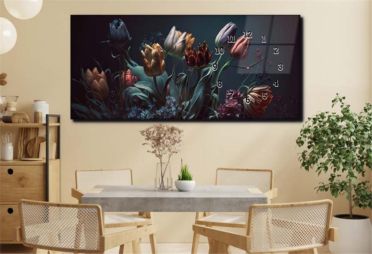 Yatay Saatli Yandan Sanat ve Doğa Temalı Cam Tablo 196