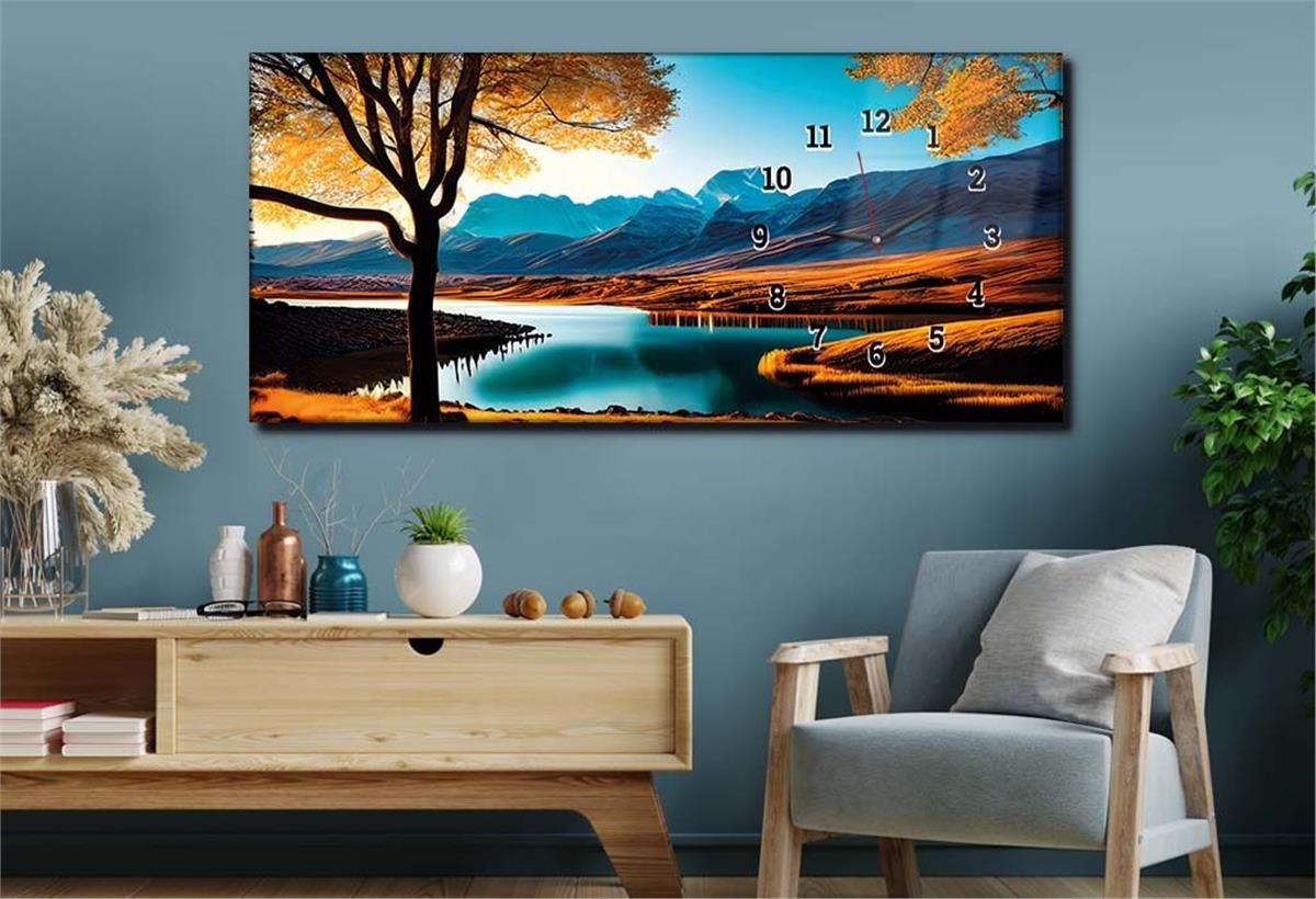 Horizontal bedrucktes Glas mit Kunst und Naturthema und einer Uhr an der Seite 171