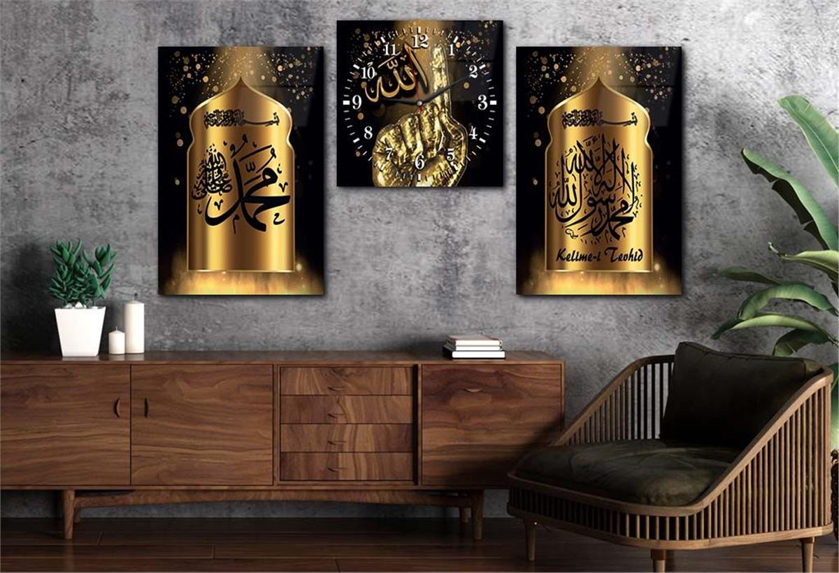 ALLAH C.C İSMİ PEYGAMBER EFENDİMİZİN İSMİ VE KELİME-İ TEVHİD YAZILI CAM TABLO CAM SAAT SETİ 