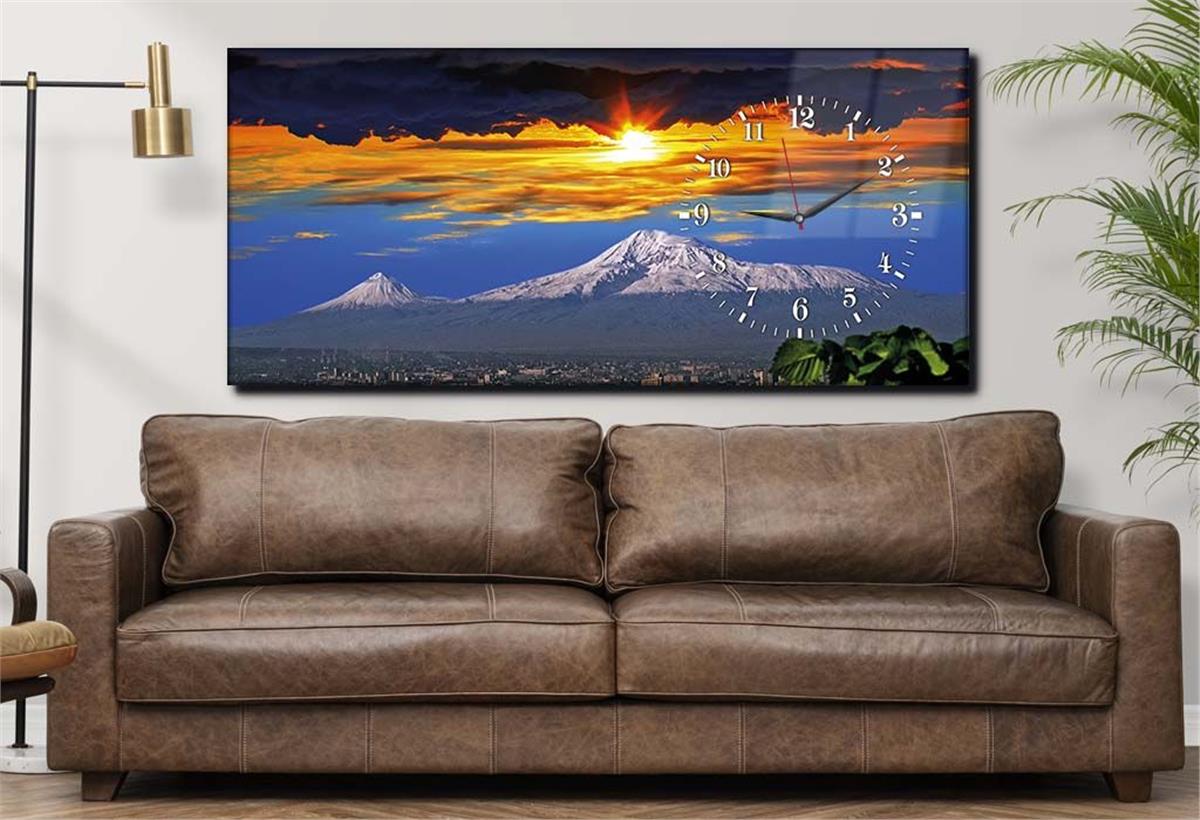 Yatay Saatli Yandan Sanat ve Doğa Temalı Cam Tablo 003