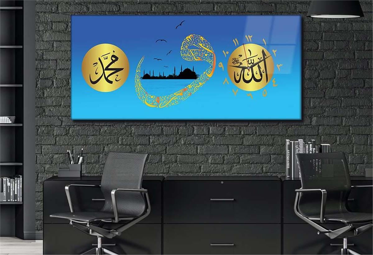 Horizontal bedrucktes Glas mit Religionenthema und einer Uhr an der Seite 004