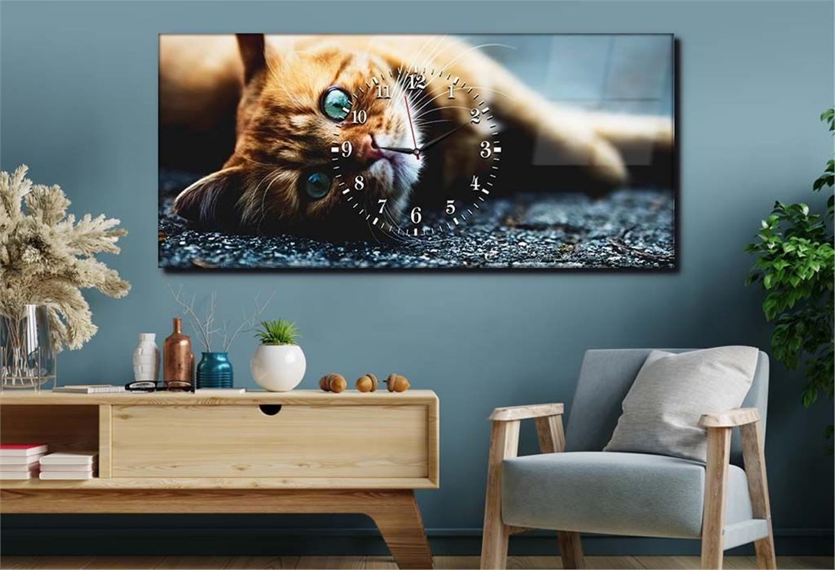 Yatay Ortadan Saatli  Sanat ve Doğa Temalı Cam Tablo 013