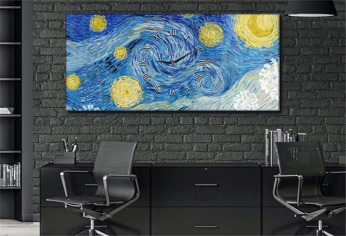 Yatay Ortadan Saatli  Sanat ve Doğa Temalı Cam Tablo 002