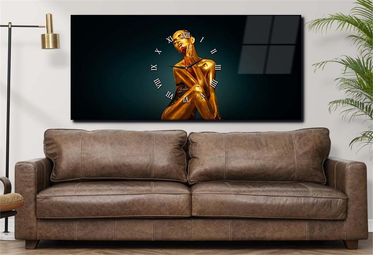 Yatay Ortadan Saatli  Sanat ve Doğa Temalı Cam Tablo 023