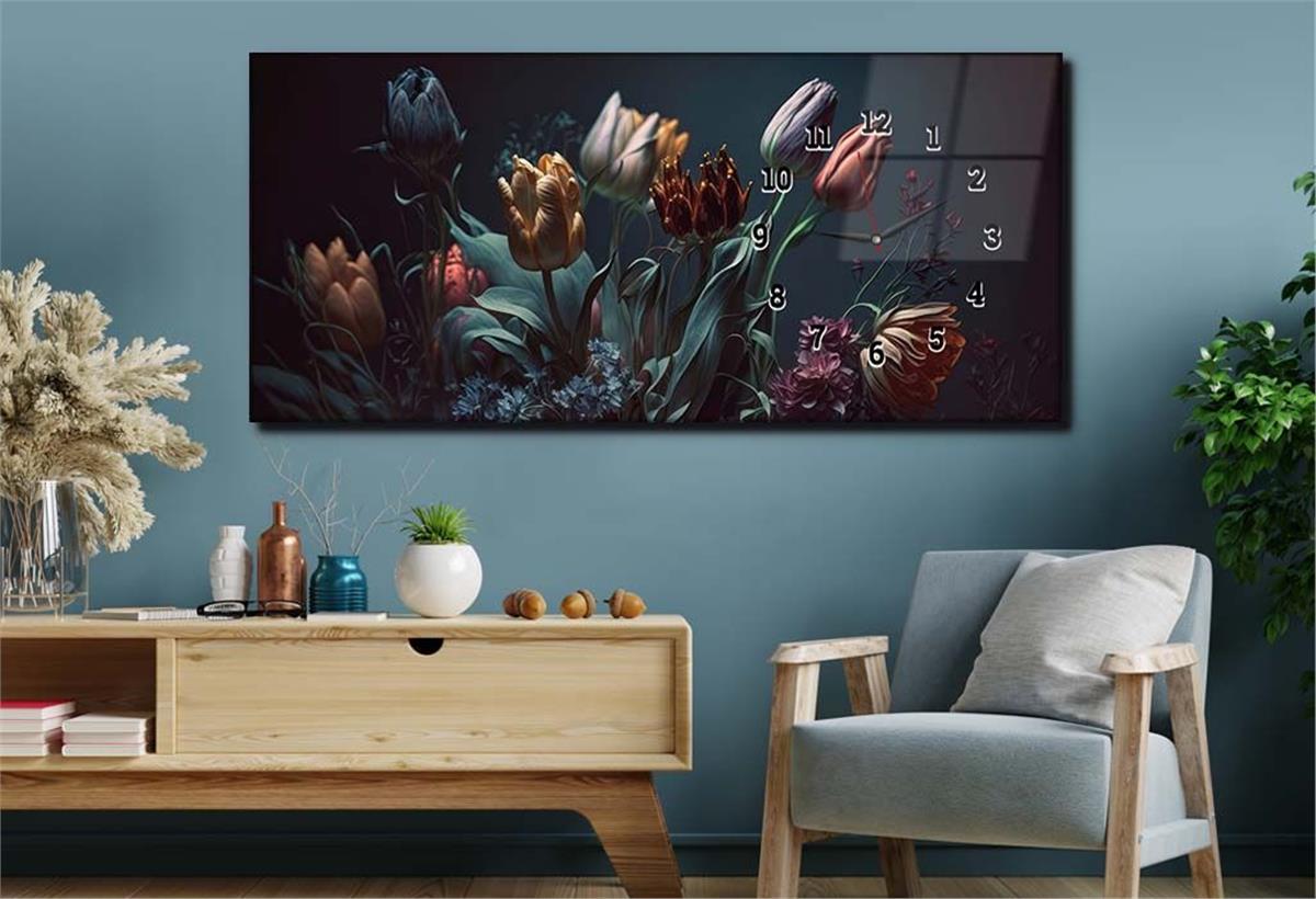 Yatay Saatli Yandan Sanat ve Doğa Temalı Cam Tablo 196