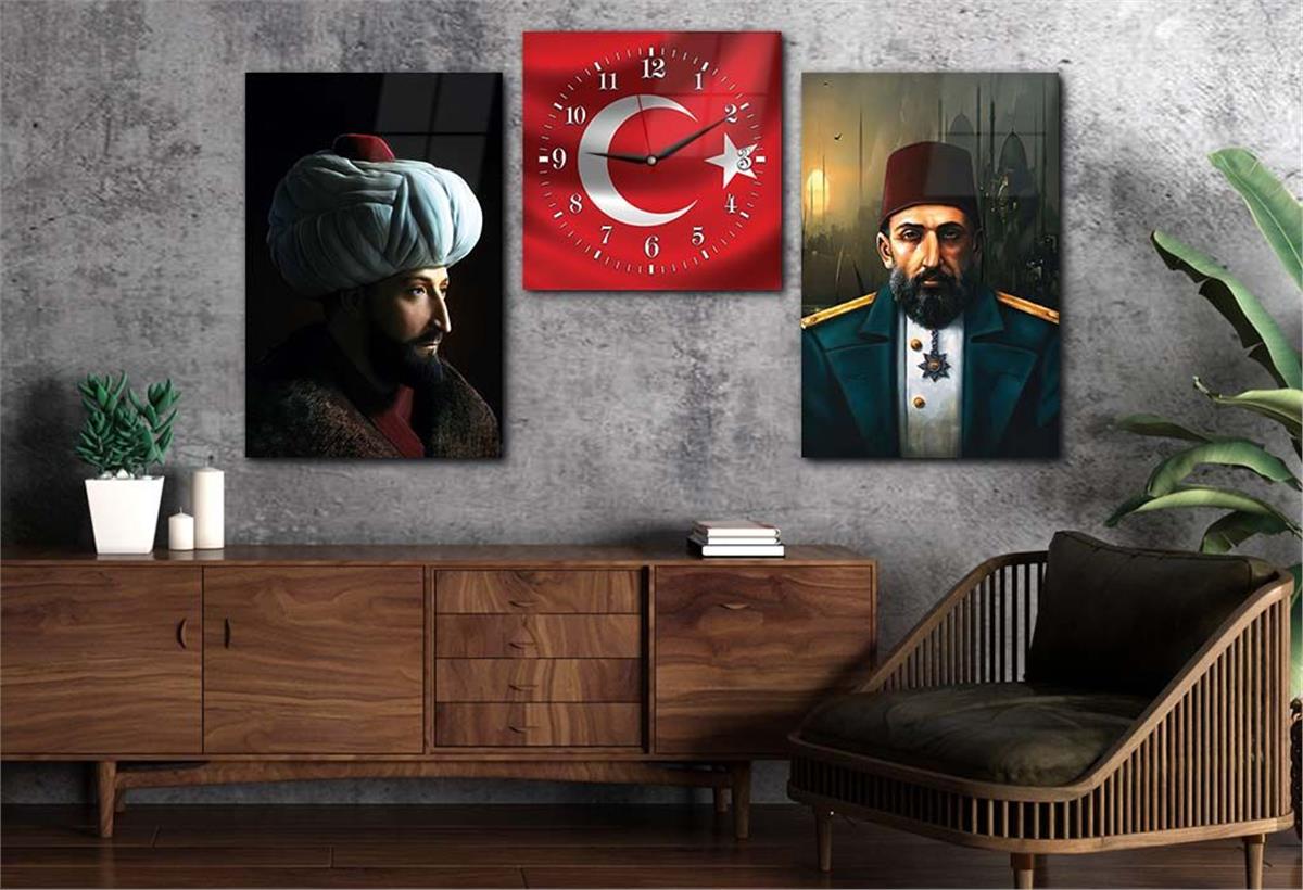 FATİH SULTAN MEHMET HAN ABDULHAMİD HAN VE TÜRK BAYRAĞI GÖRSELLİ CAM TABLO CAM SAAT SETİ 