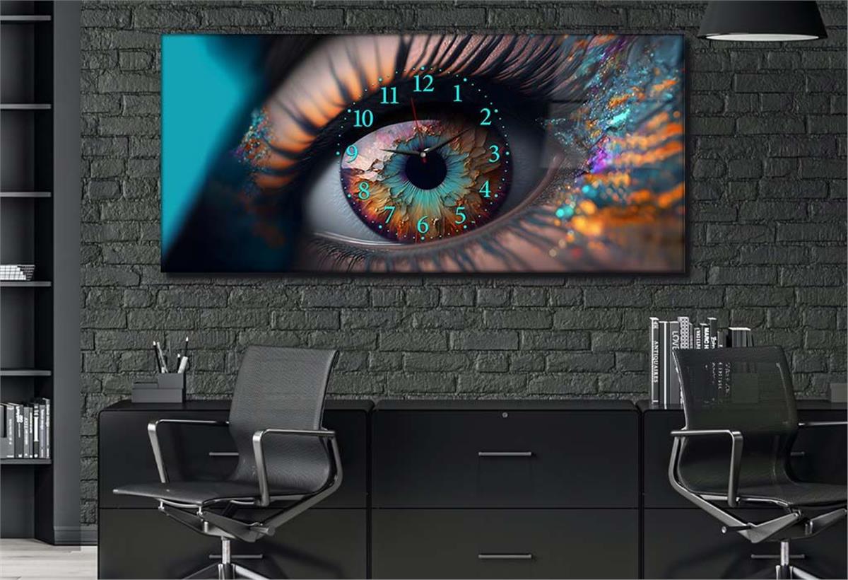 Yatay Ortadan Saatli  Sanat ve Doğa Temalı Cam Tablo 074