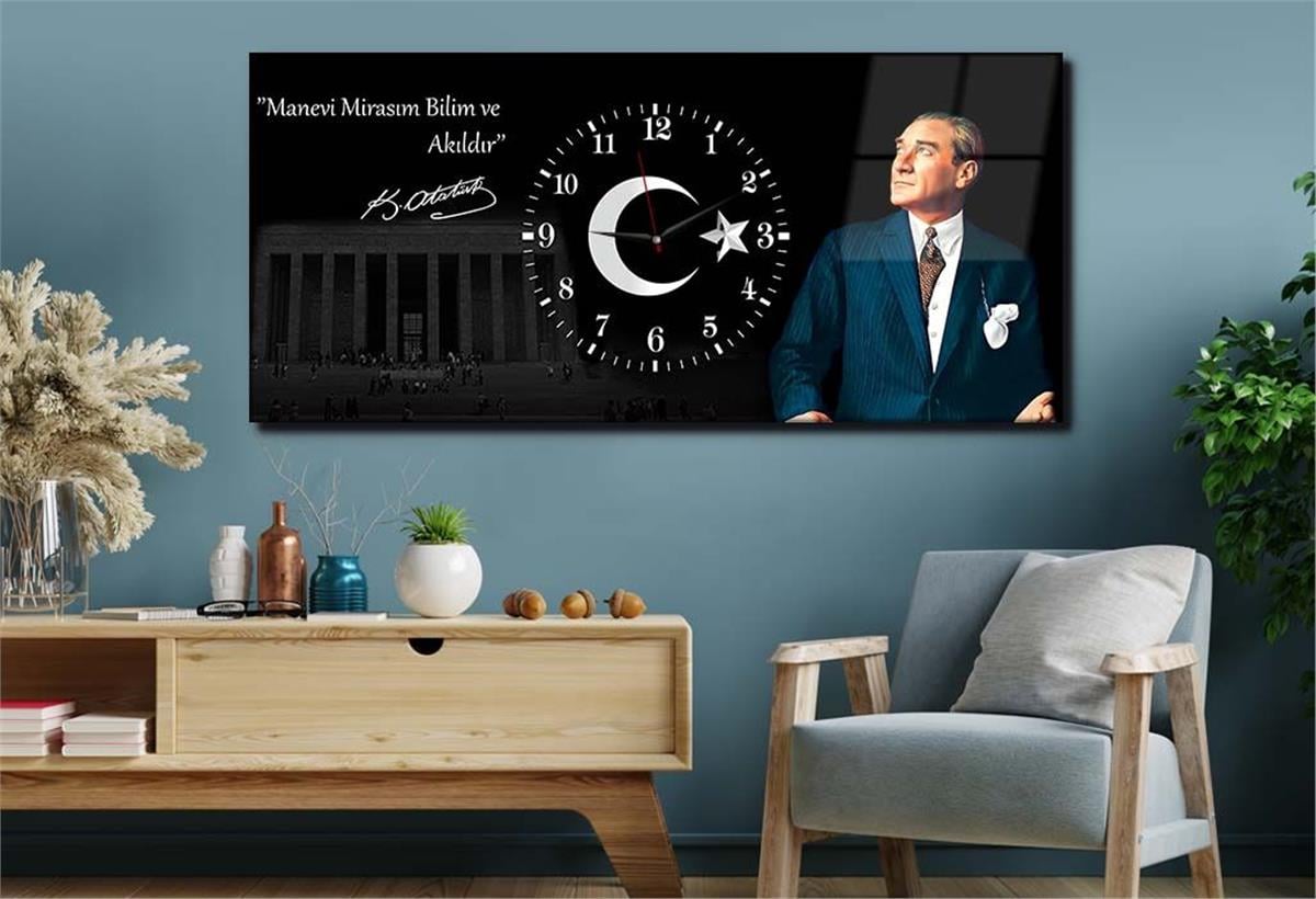 Horizontal bedrucktes Glas mit Nationenthema und einer Uhr in der Mitte 021