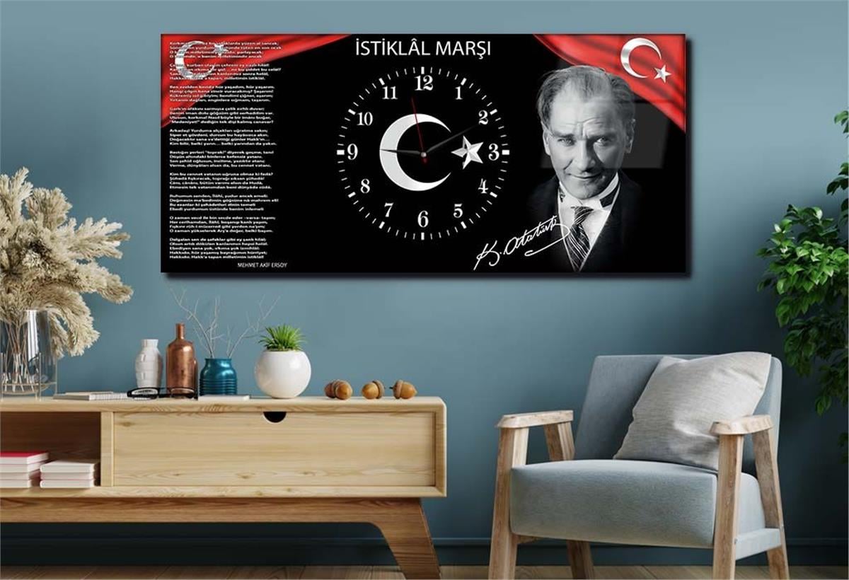 Yatay Ortadan Saatli  Vatan Temalı Cam Tablo 013