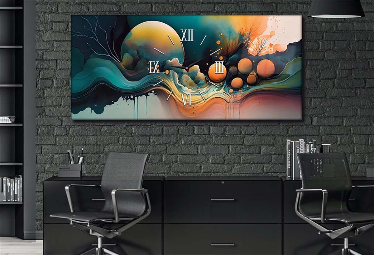 Yatay Ortadan Saatli  Sanat ve Doğa Temalı Cam Tablo 084