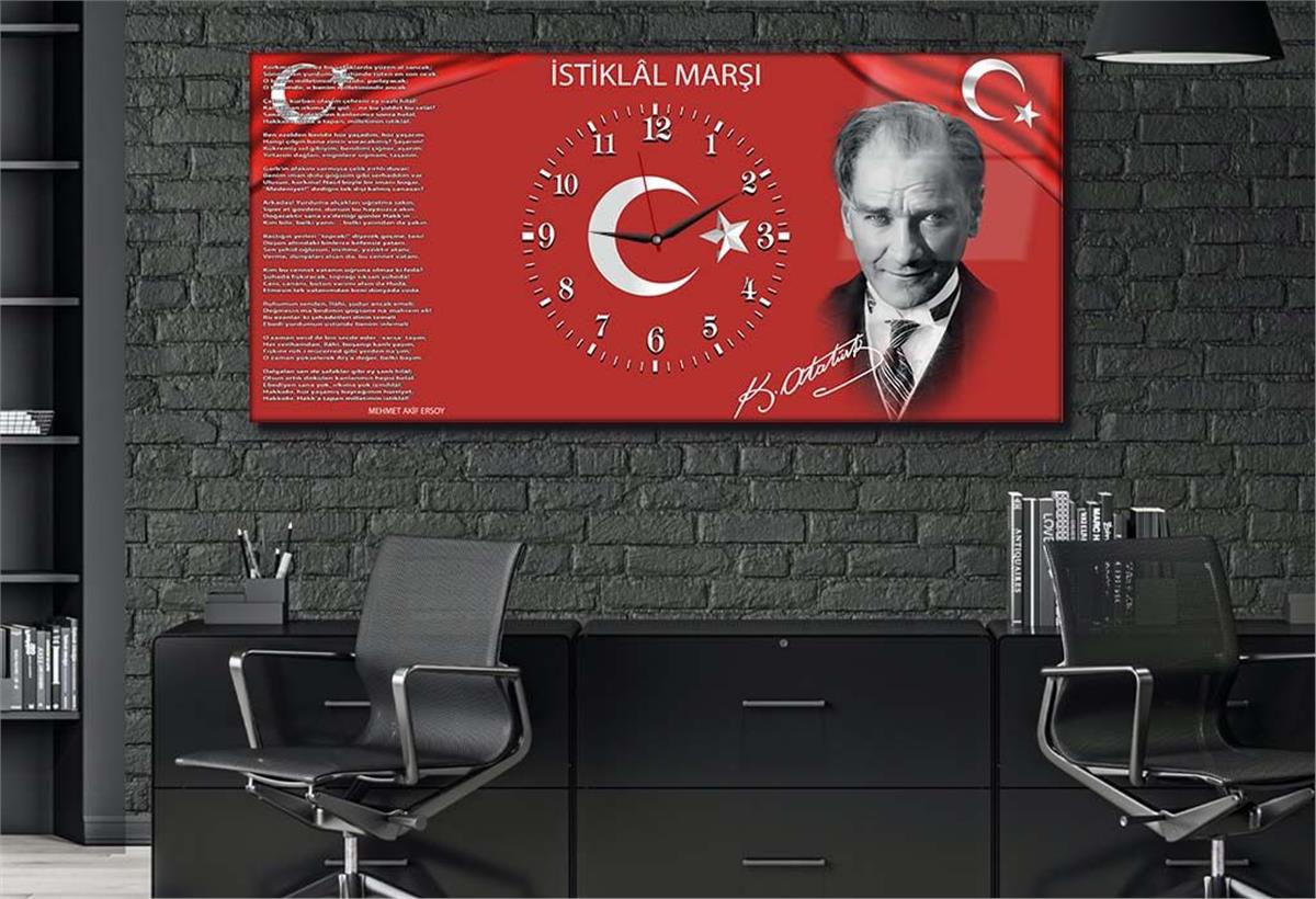 Yatay Ortadan Saatli  Vatan Temalı Cam Tablo 012
