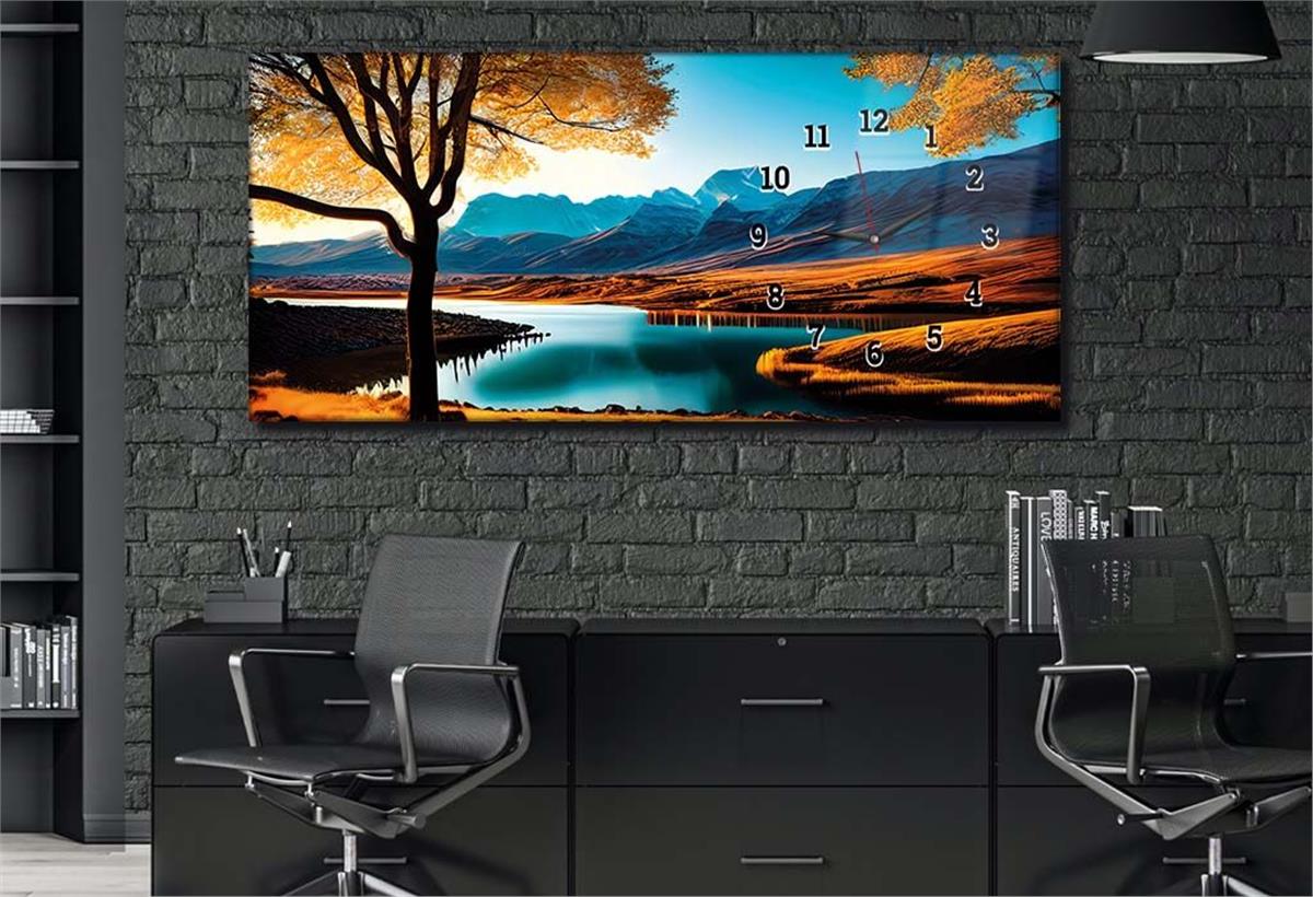 Horizontal bedrucktes Glas mit Kunst und Naturthema und einer Uhr an der Seite 171