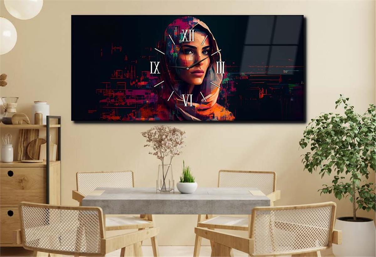 Yatay Ortadan Saatli  Sanat ve Doğa Temalı Cam Tablo 067