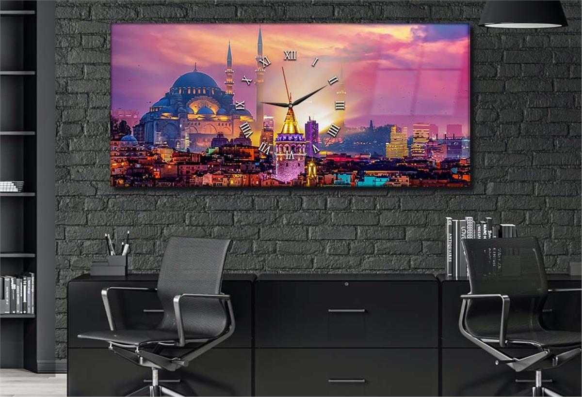 Yatay Ortadan Saatli  Sanat ve Doğa Temalı Cam Tablo 021