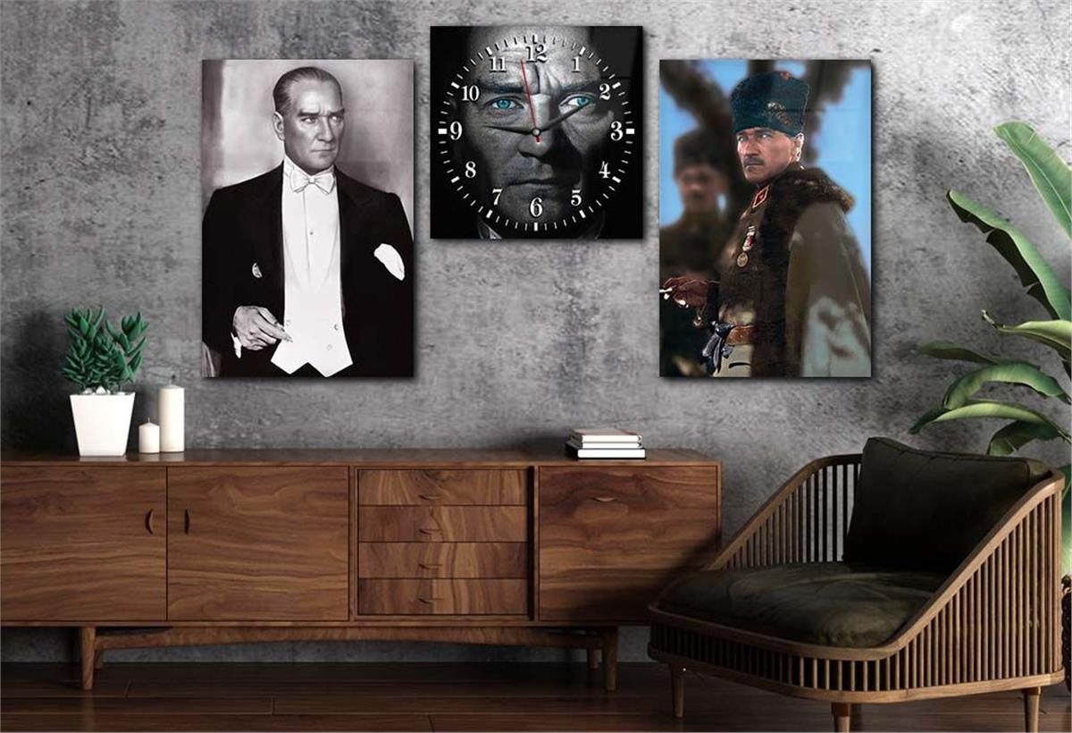 MUSTAFA KEMAL ATATÜRK Glass Wall Art Set with Clock