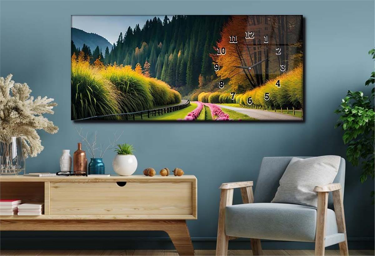 Horizontal bedrucktes Glas mit Kunst und Naturthema und einer Uhr an der Seite 174