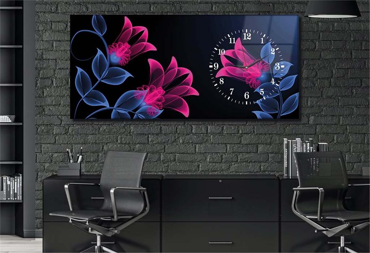 Horizontal bedrucktes Glas mit Kunst und Naturthema und einer Uhr an der Seite 082
