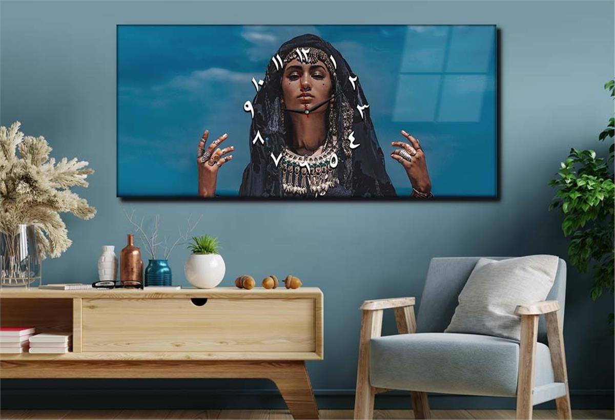 Yatay Ortadan Saatli  Sanat ve Doğa Temalı Cam Tablo 042