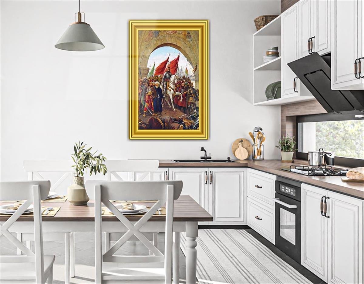 Glass Wall Art Depicting the Entry of Fatih Sultan Mehmet Han into Istanbul with Frame Visual