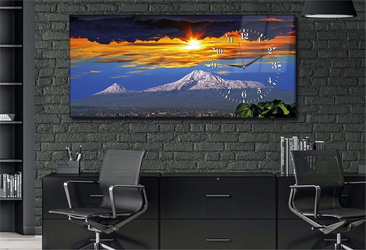 Yatay Saatli Yandan Sanat ve Doğa Temalı Cam Tablo 003