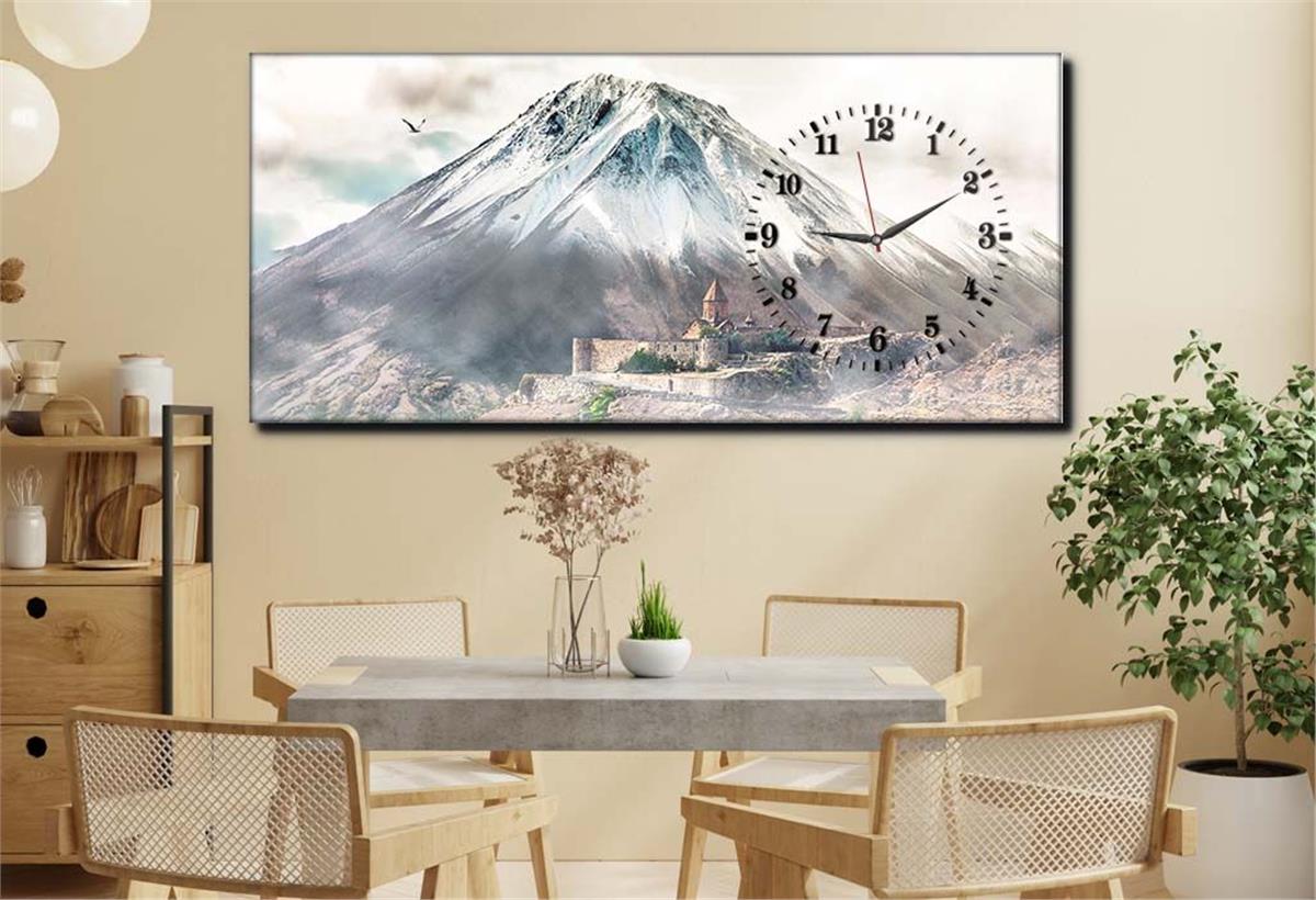 Horizontal bedrucktes Glas mit Kunst und Naturthema und einer Uhr an der Seite 006