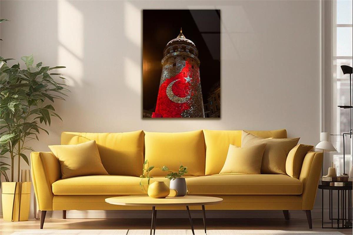 GALATA KULESİ VE TÜRK BAYRAĞI GÖRSELLİ CAM TABLO